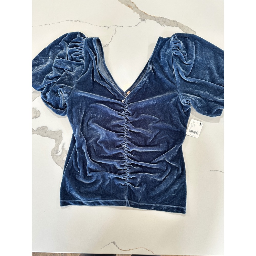 Free People Velvet Ruched Puff Sleeve V Neck Top Navy Blue Size L